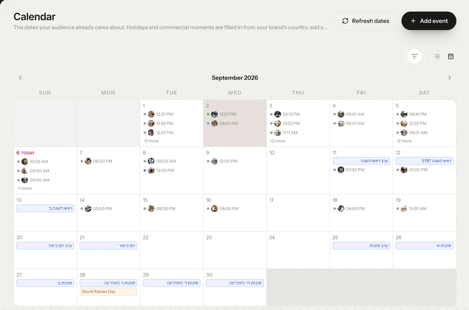 Month calendar with generated posts on their scheduled days next to the country’s holidays and commercial dates