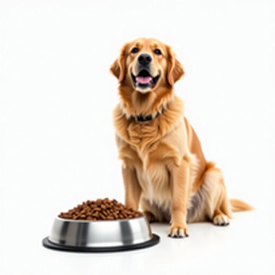 A stock-style photo of a golden retriever beside a food bowl on a white background