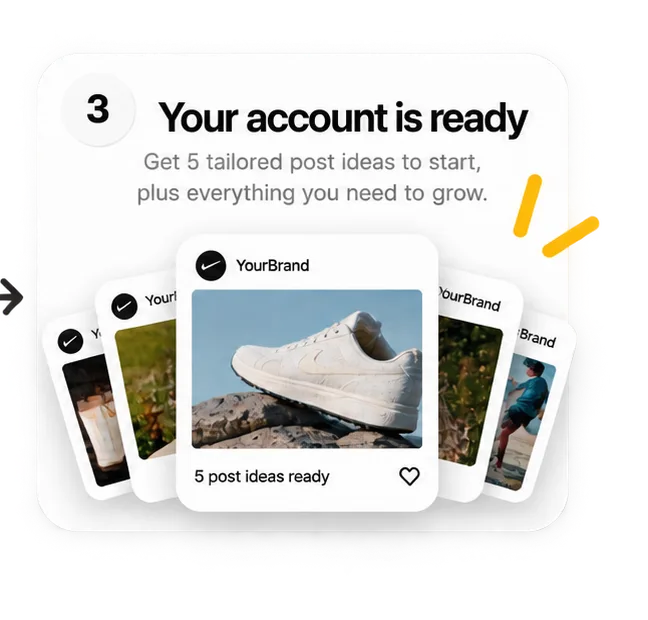 Step 3, your account is ready: get 5 tailored post ideas to start, plus everything you need to grow. A fanned stack of finished posts, the front one reading 5 post ideas ready.