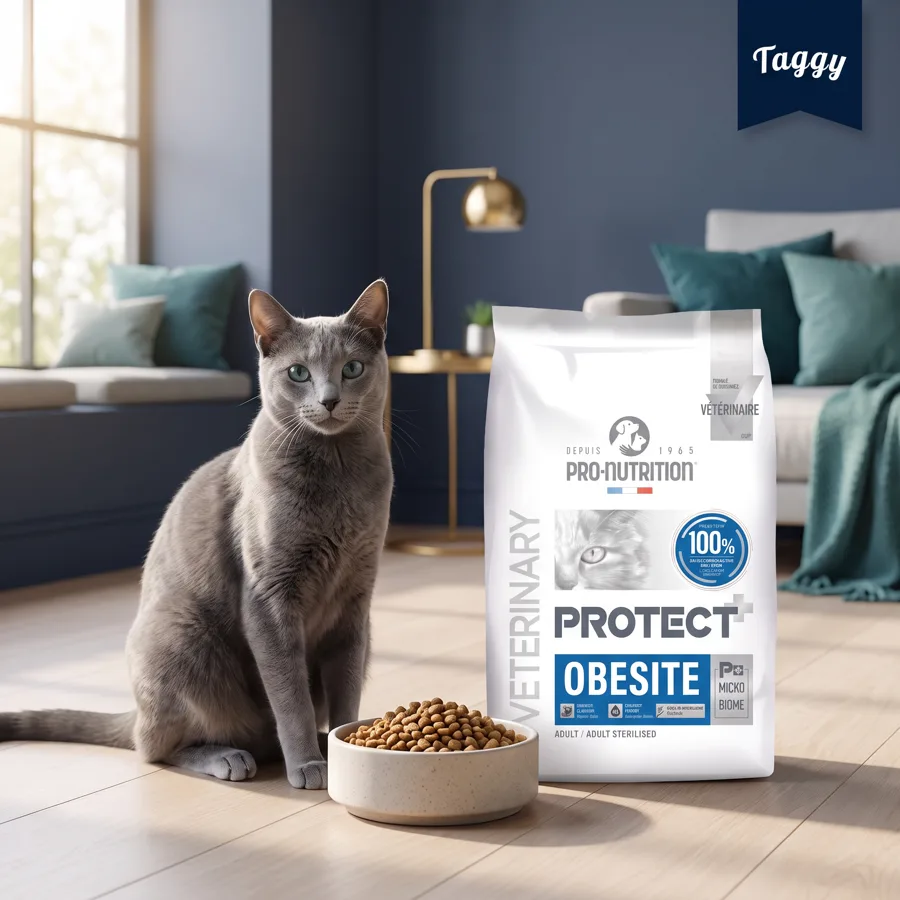 An indoor cat’s calorie needs differ significantly from an active outdoor cat. Weight management requires a food built for it. A grey cat beside a bag of Protect Obesity veterinary cat food