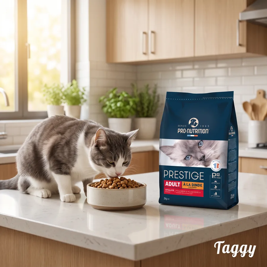 A grey cat eating from a bowl next to a bag of Prestige Adult cat food, Taggy logo in the corner