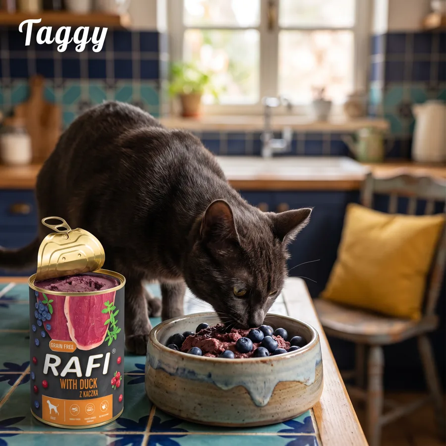 Some cats treat dry food like it’s optional. 🐾 If yours turns up its nose every single time, meet Rafi Duck & Blueberry. A black cat eating from a bowl beside a Rafi duck & blueberry can, Taggy logo in the corner