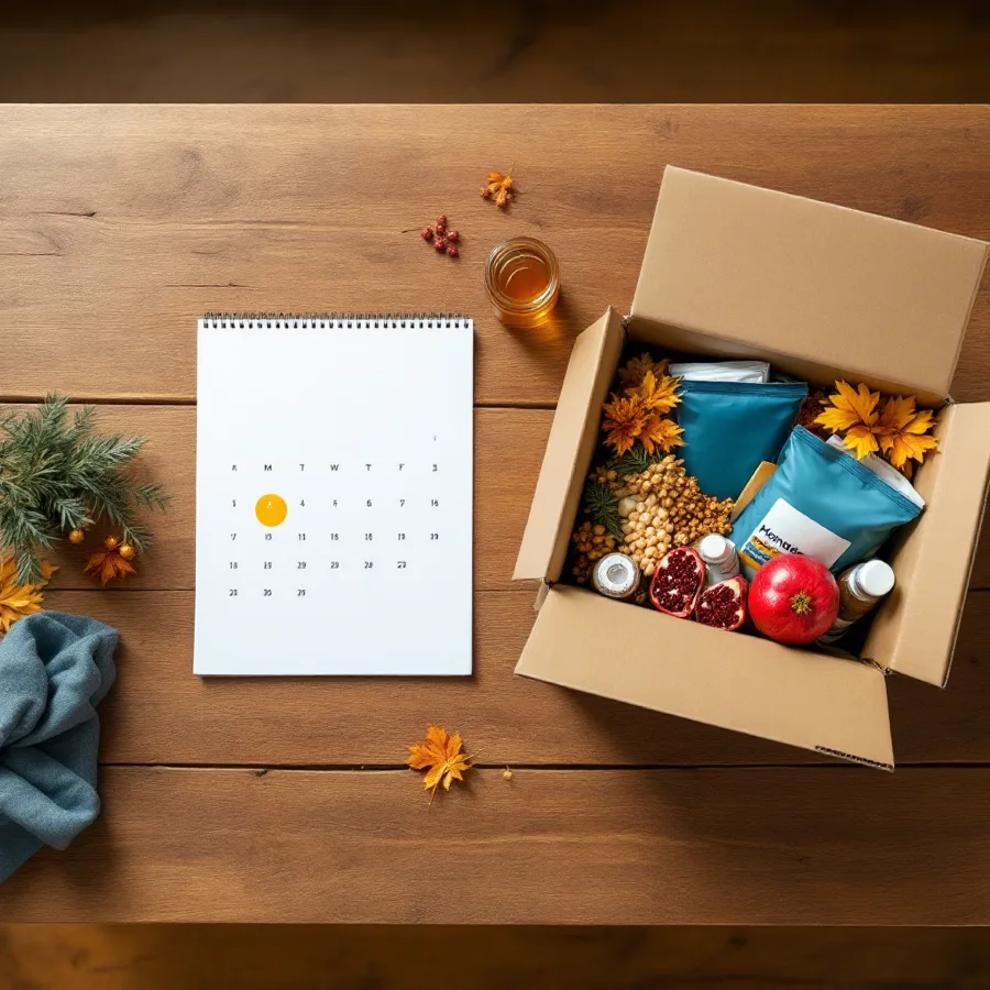 Rosh Hashana starts in five days. Courier routes pause during the closures. Step 1: check your next scheduled delivery. A delivery box with pet supplies, a calendar and autumn leaves on a wooden table